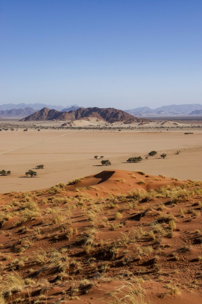 Arid Namib Desert landscape with dunes and mountains in the distance