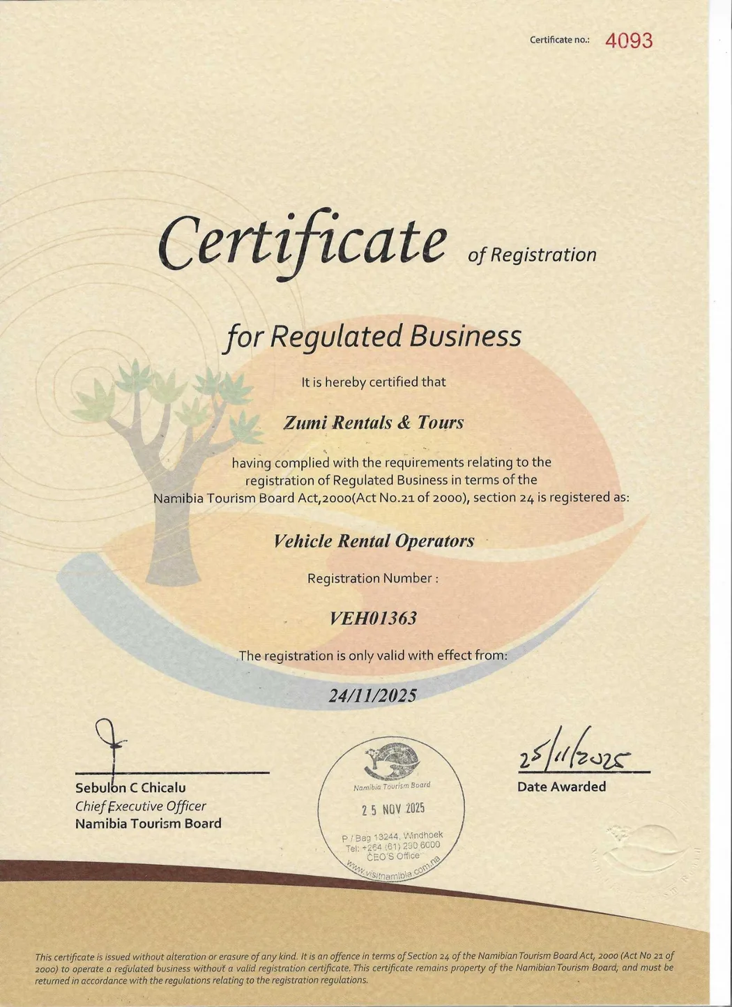 Vehicle Rental Operator — NTB registration certificate